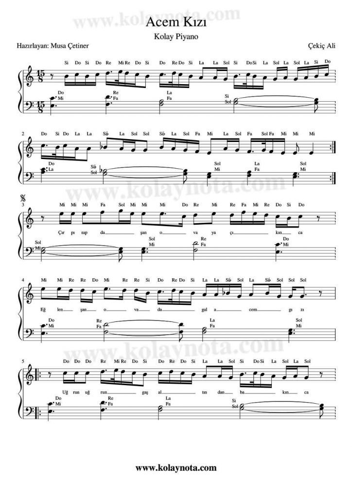 Acem Kızı - Kolay Piyano Notası