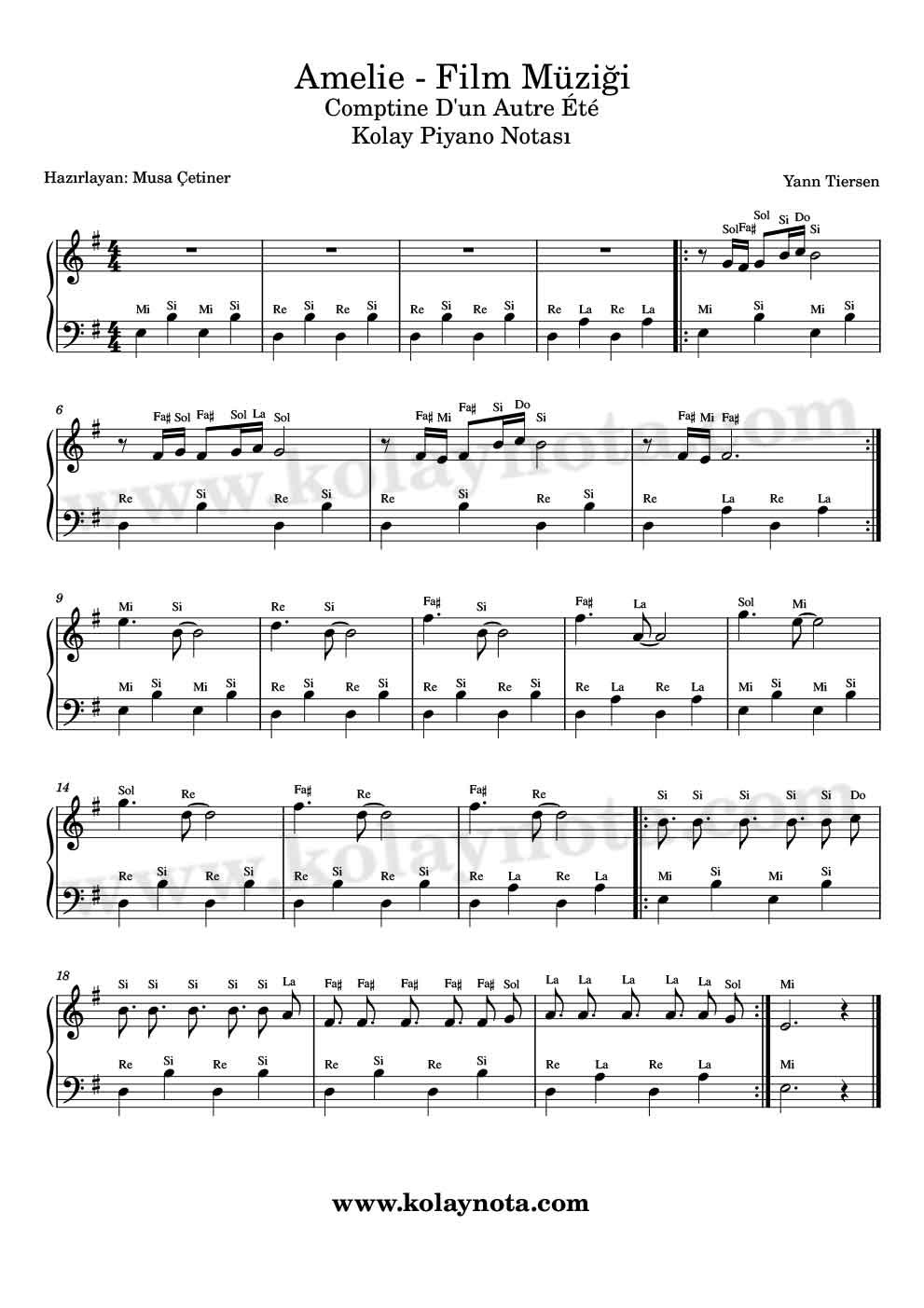 Amelie Film Müziği Kolay Piyano Notaları