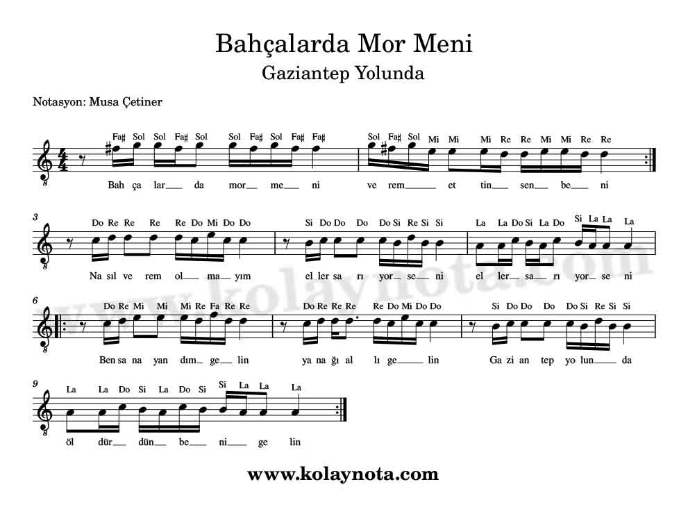 Gaziantep Yolunda - Bahçalarda Mor Meni Kolay Notası