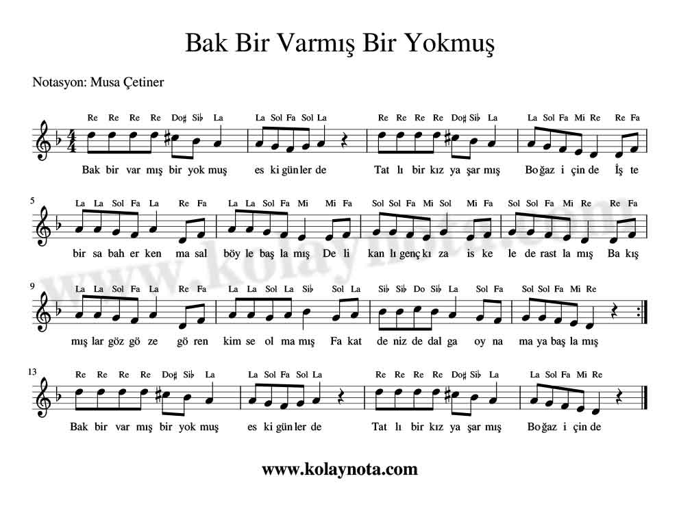 Bak Bir Varmış Bir Yokmuş Melodika Notası