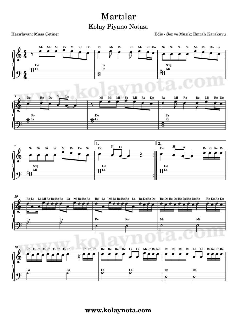 Martılar Kolay Piyano Notası