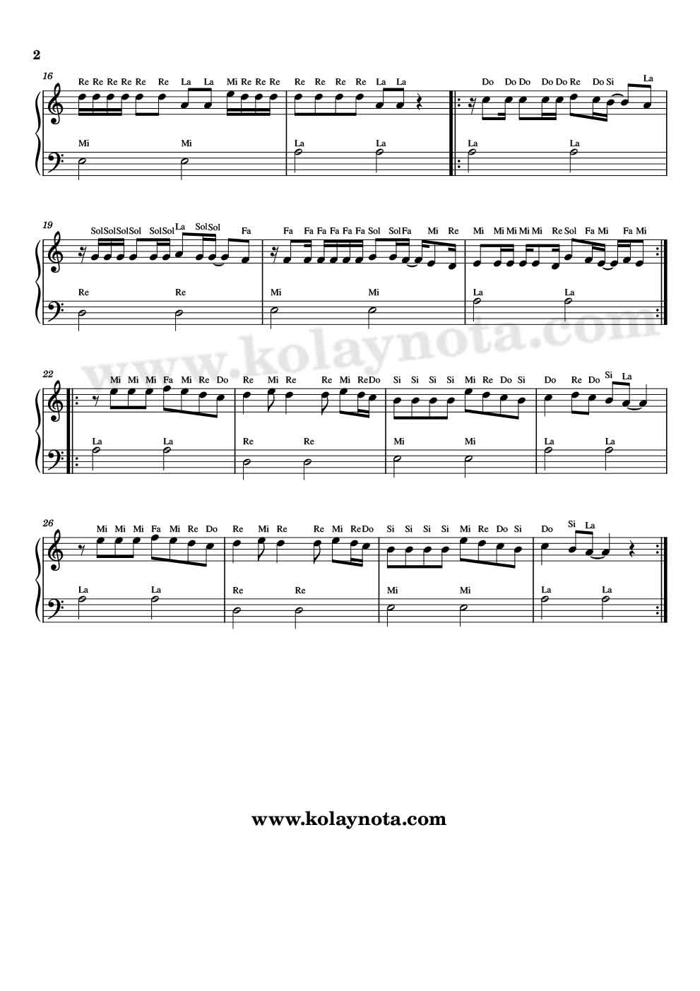 Martılar Kolay Piyano Notası - 2