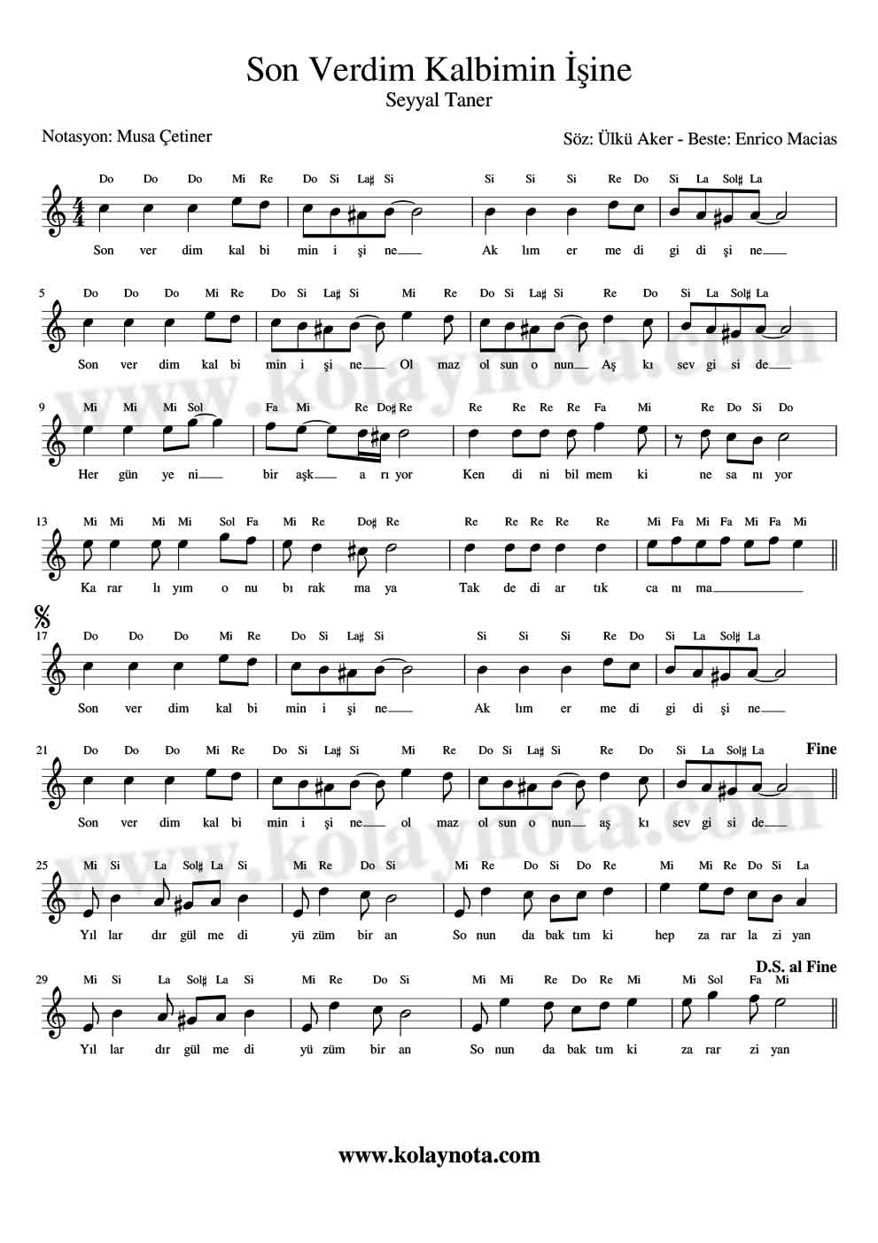 Son Verdim Kalbimin İşine Kolay Notası