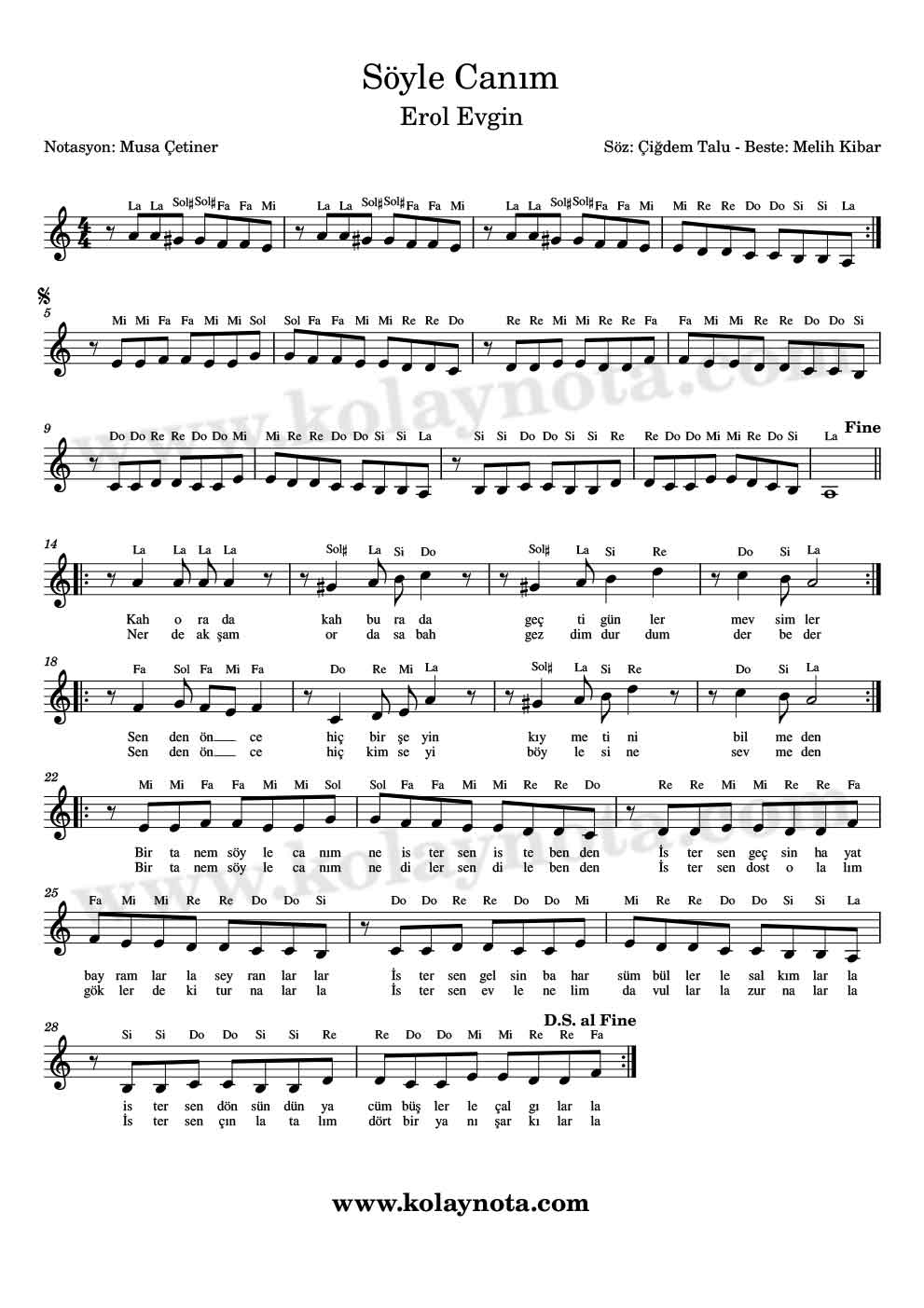 Söyle Canım Kolay Notası