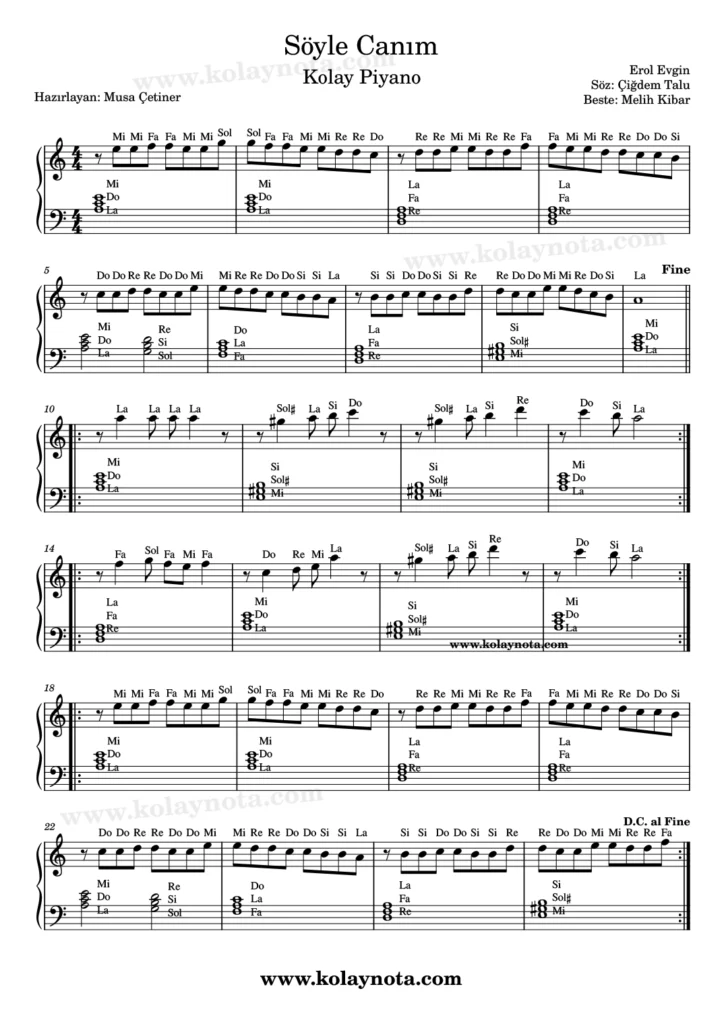 Söyle Canım - Piyano Notası