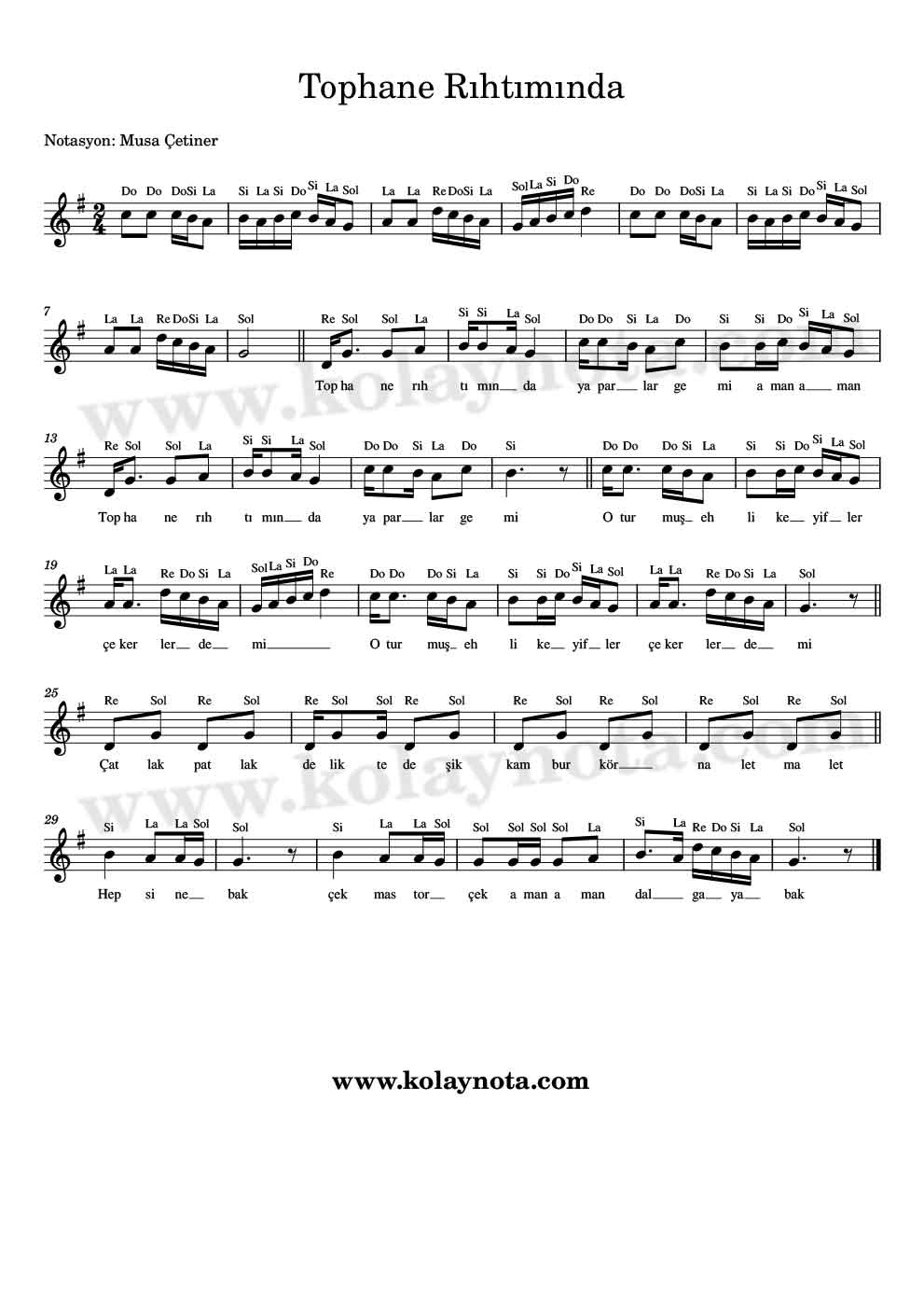 Tophane Rıhtımında Kolay Notası