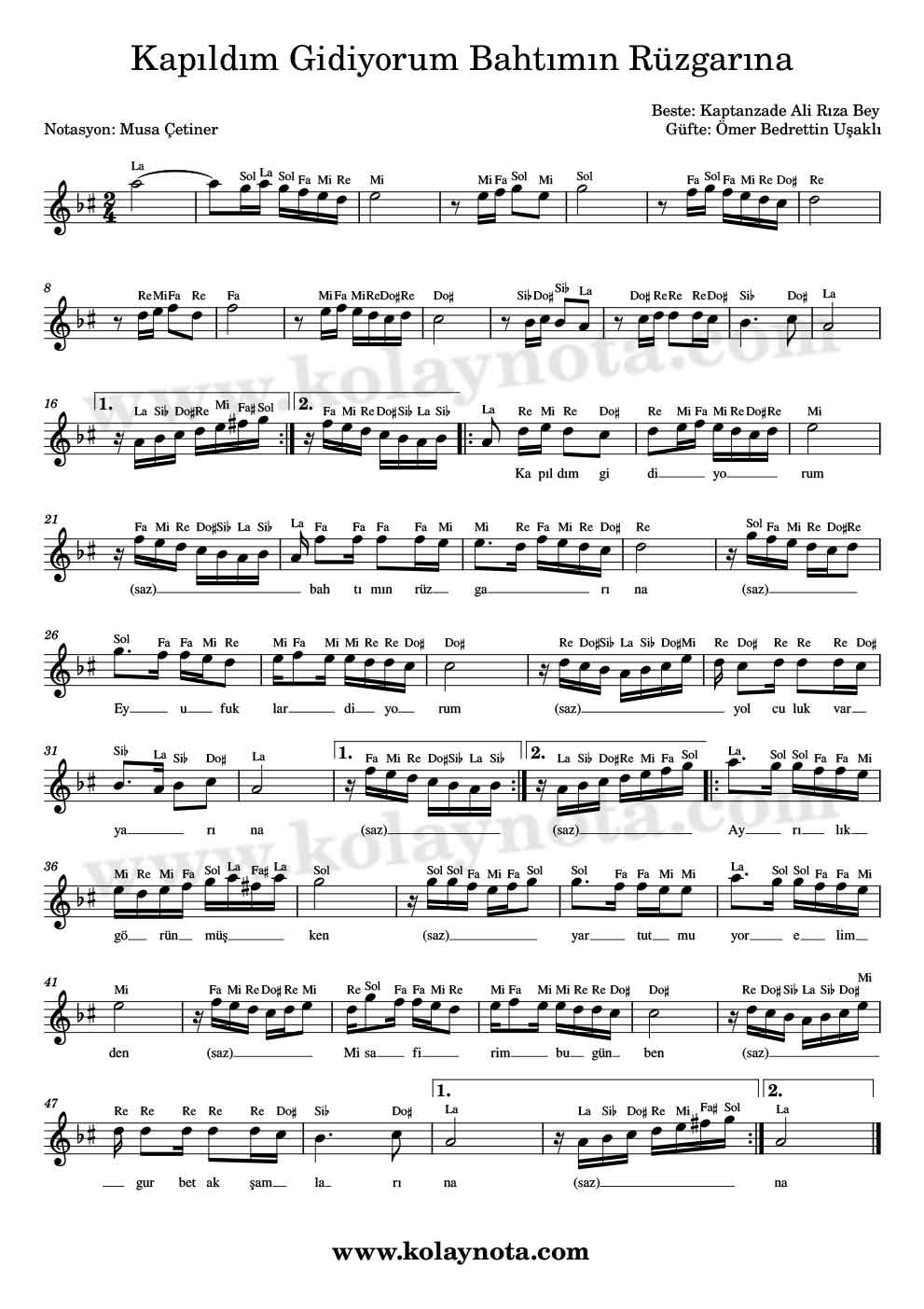 Kapıldım Gidiyorum Bahtımın Rüzgarına Kolay Notası