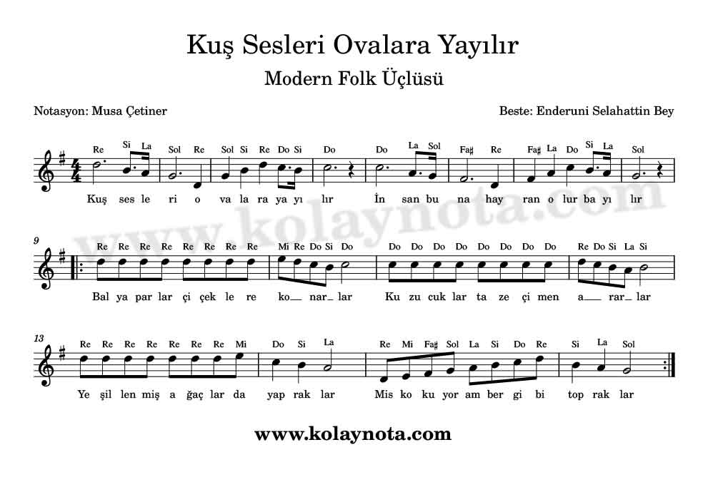 Kuş Sesleri Ovalara Kolay Notası