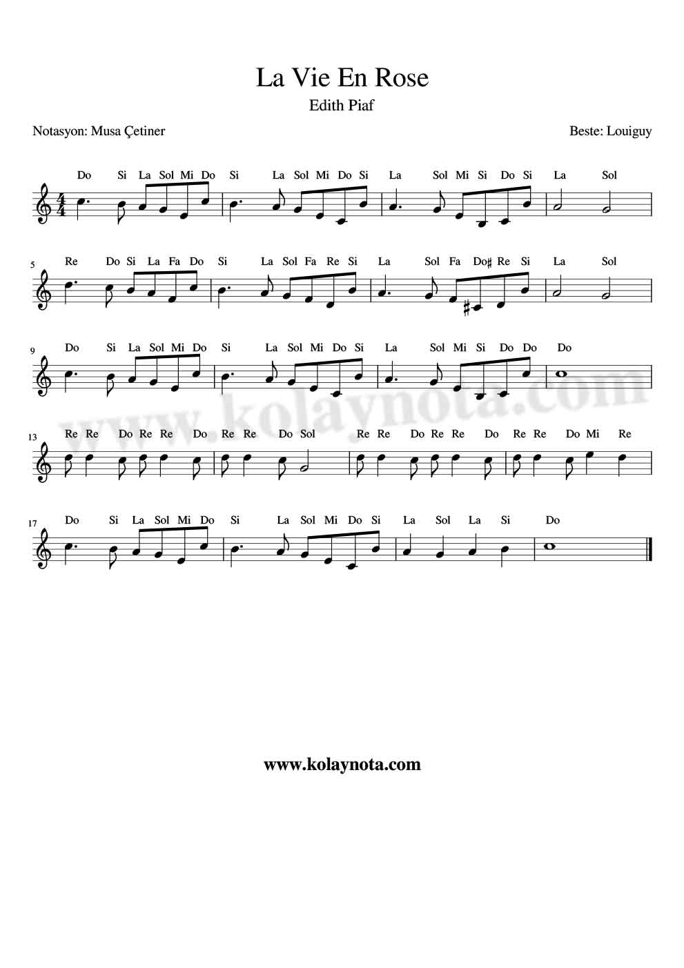 La Vie En Rose Kolay Notası