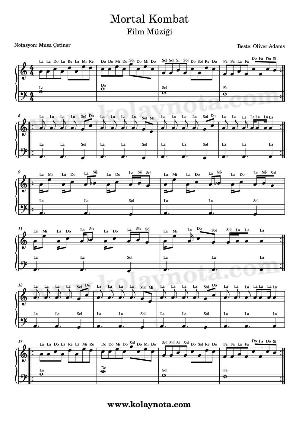 Mortal Kombat Piyano Notası