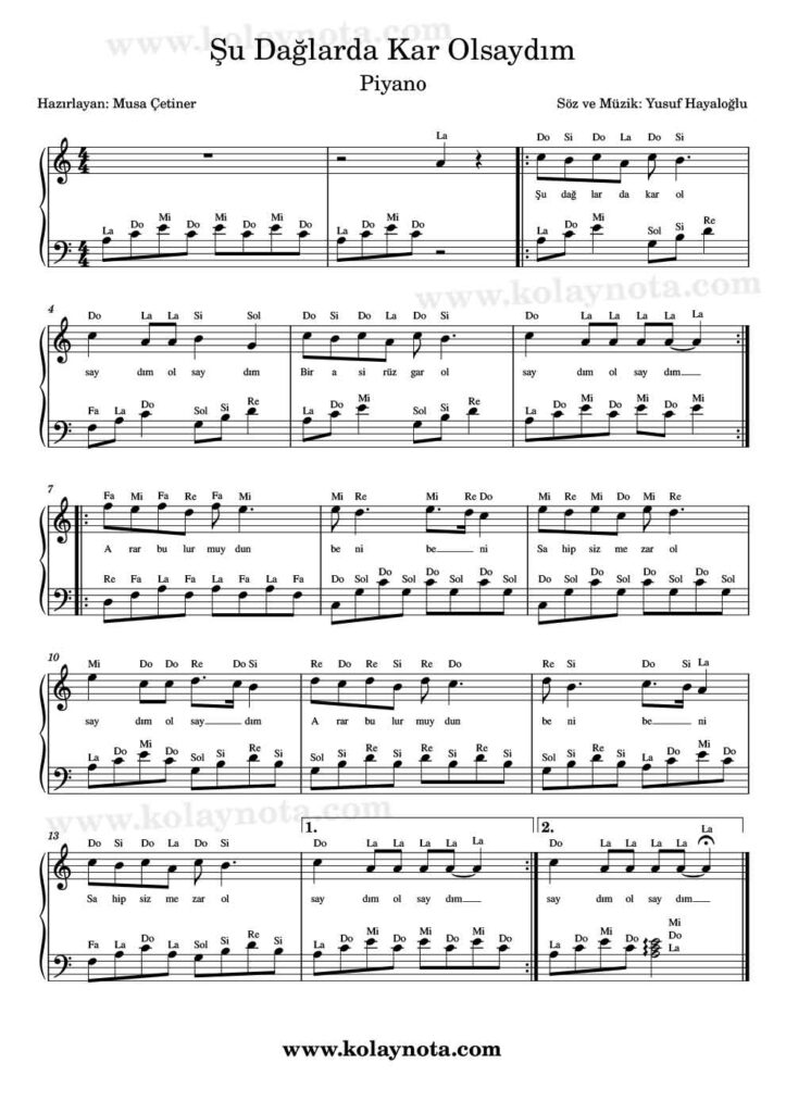 Şu Dağlarda Kar Olsaydım - Piyano Notası