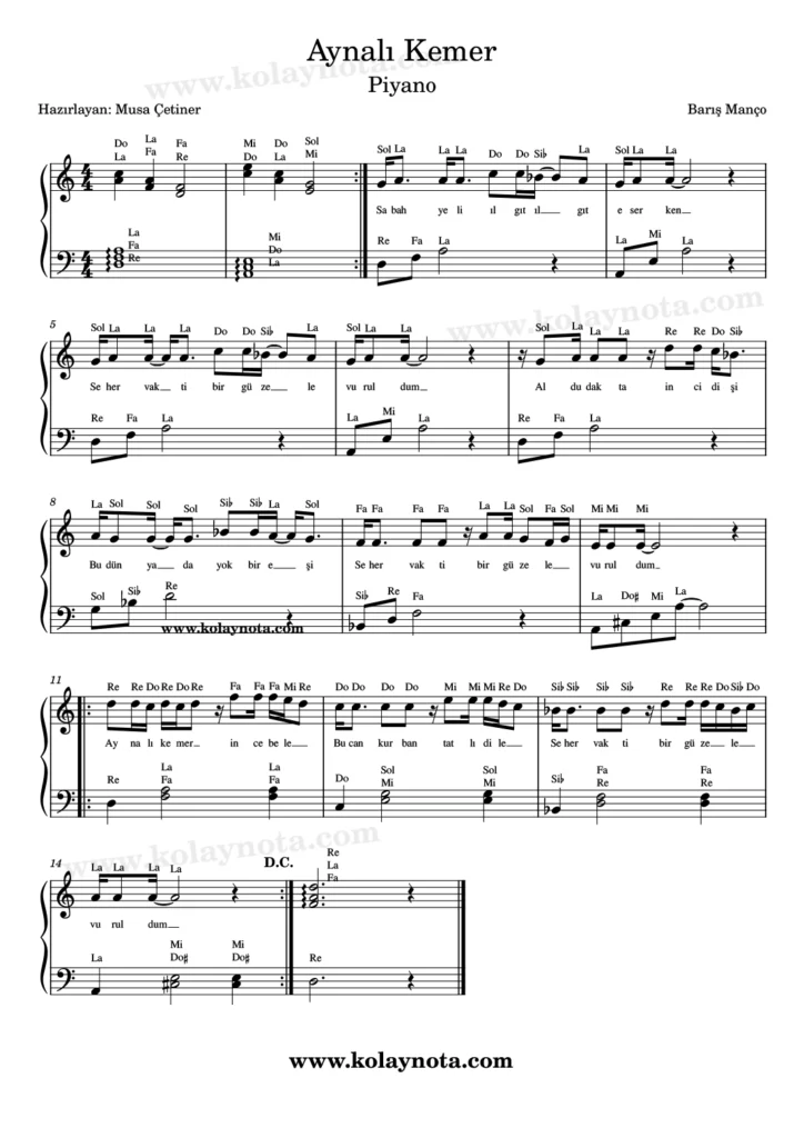 Aynalı Kemer şarkısının piyano düzenlemesi