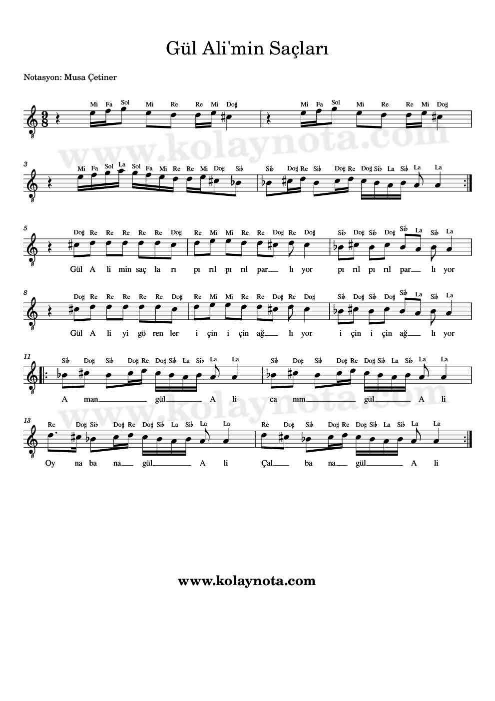 Gül Ali'min Saçları Notaları