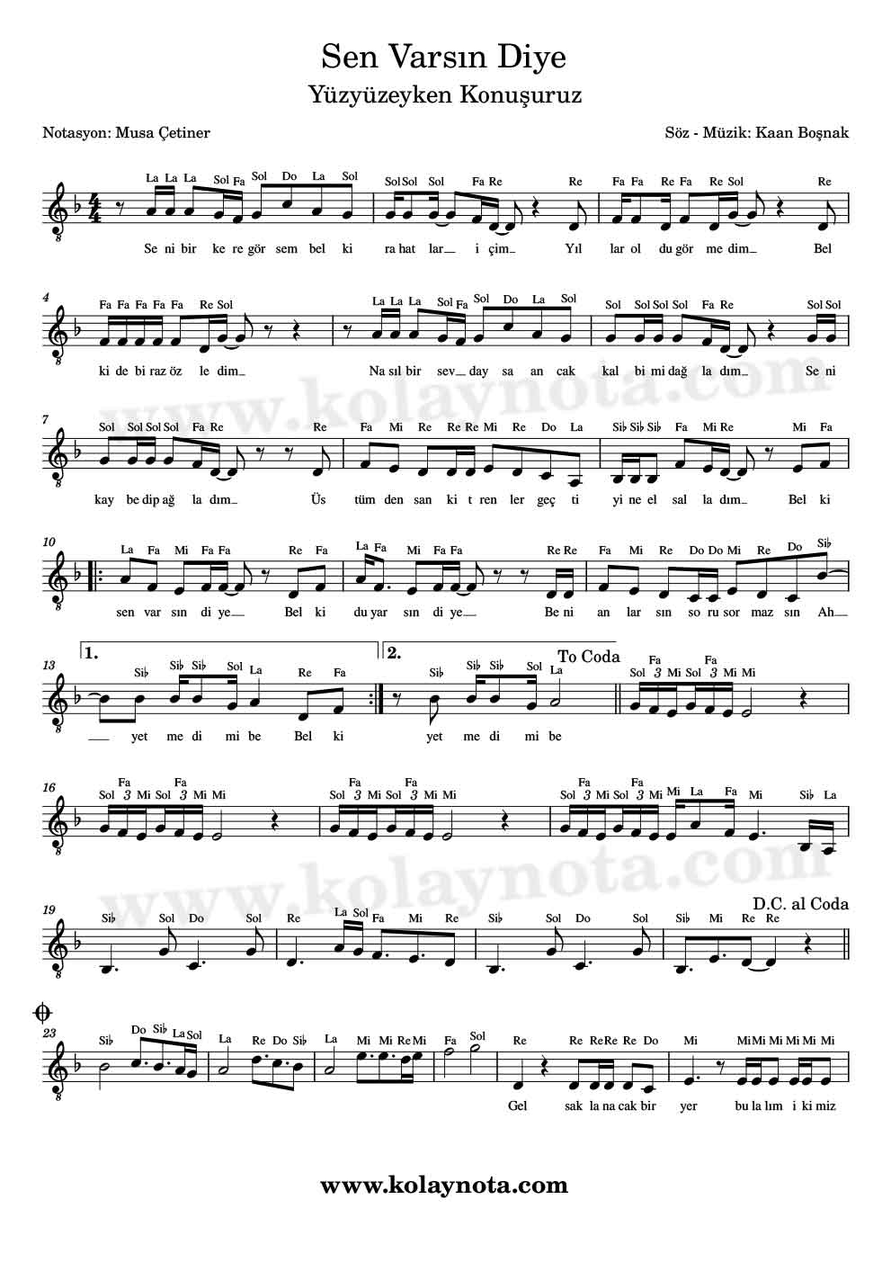 Sen Varsın Diye Kolay Notası