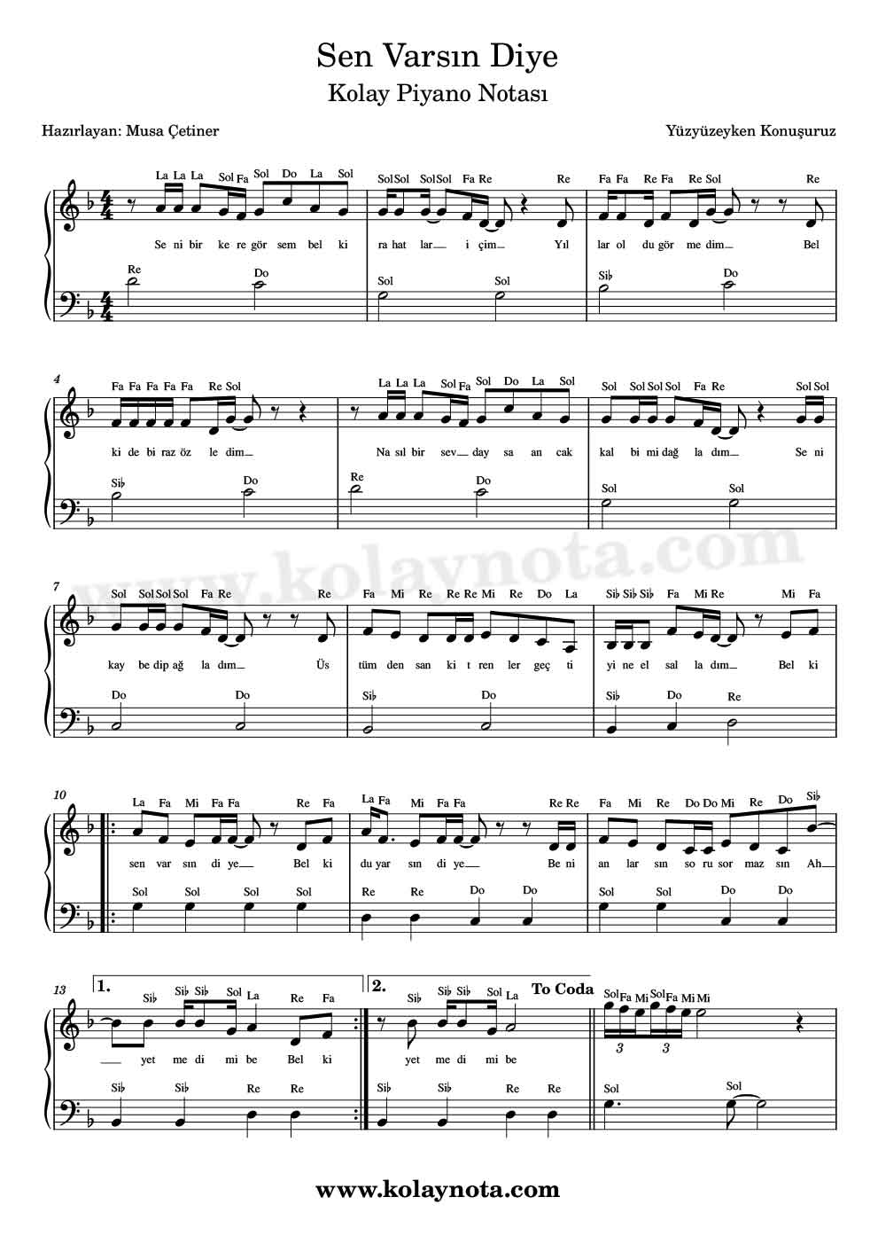 Sen Varsın Diye Piyano Notası