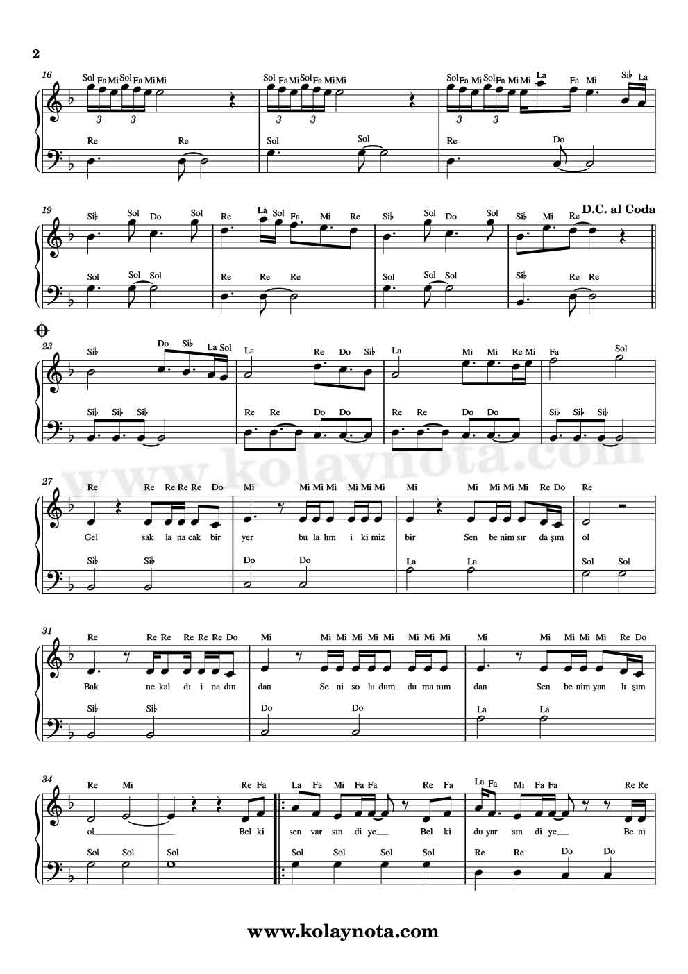 Sen Varsın Diye Piyano Notası - 2