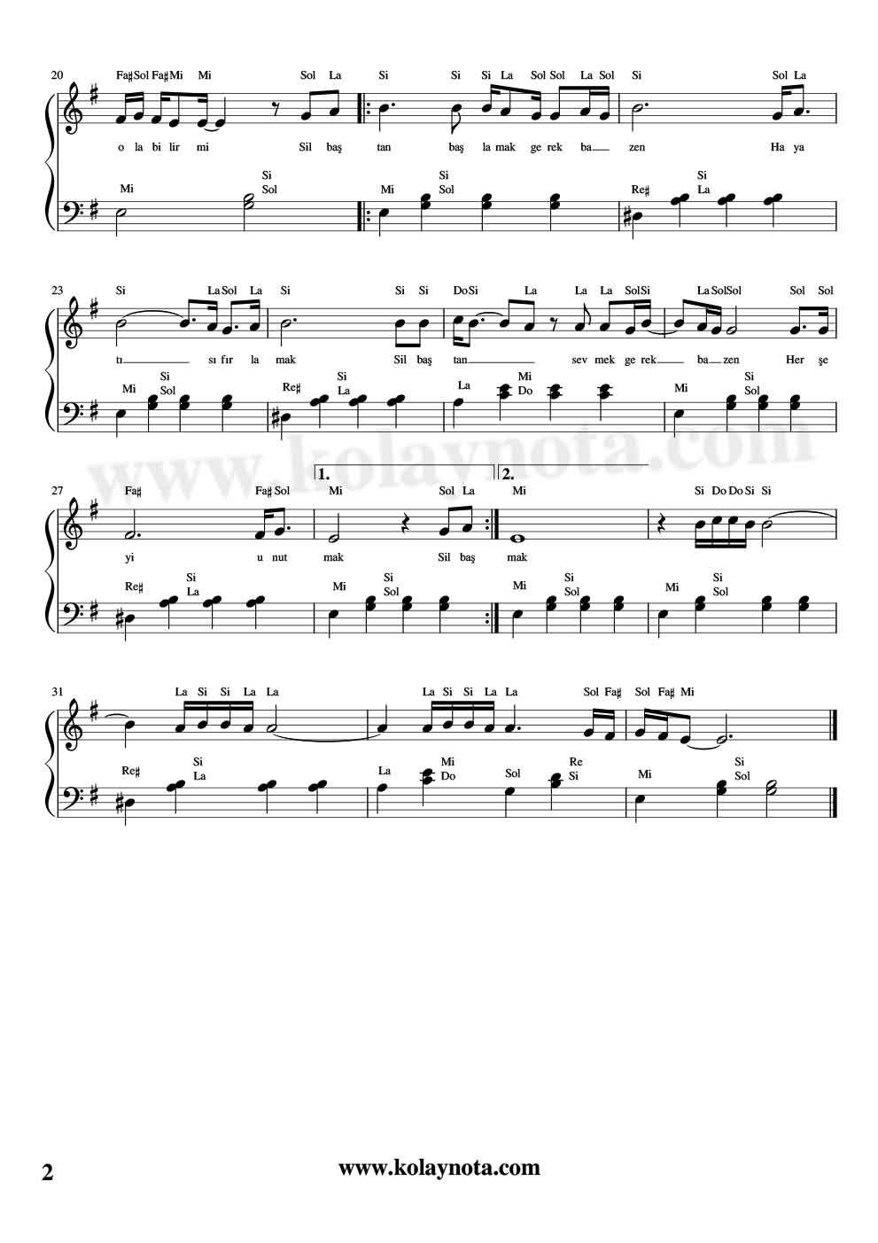 Sil Baştan Piyano Notaları - 2