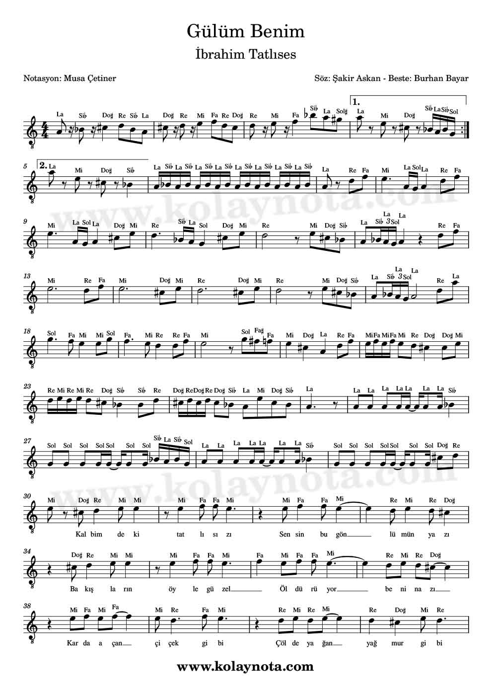 Gülüm Benim Kolay Notası