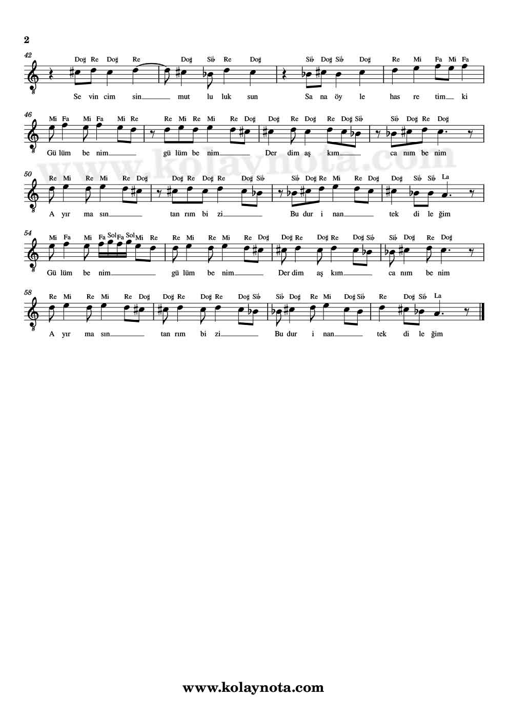 Gülüm Benim Kolay Notası - 2