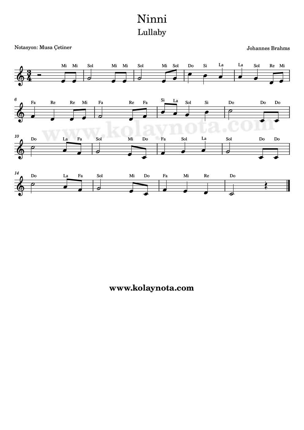 Brahms Lullaby - Ninni Kolay Notası