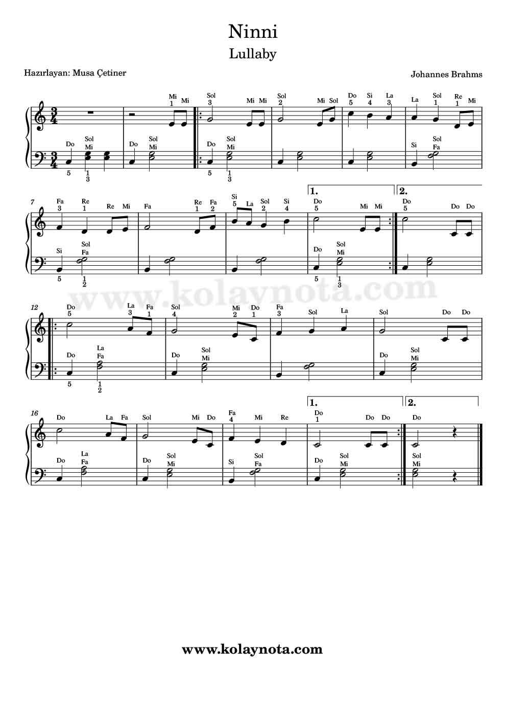 Brahms Ninni - Piyano Kolay Notası