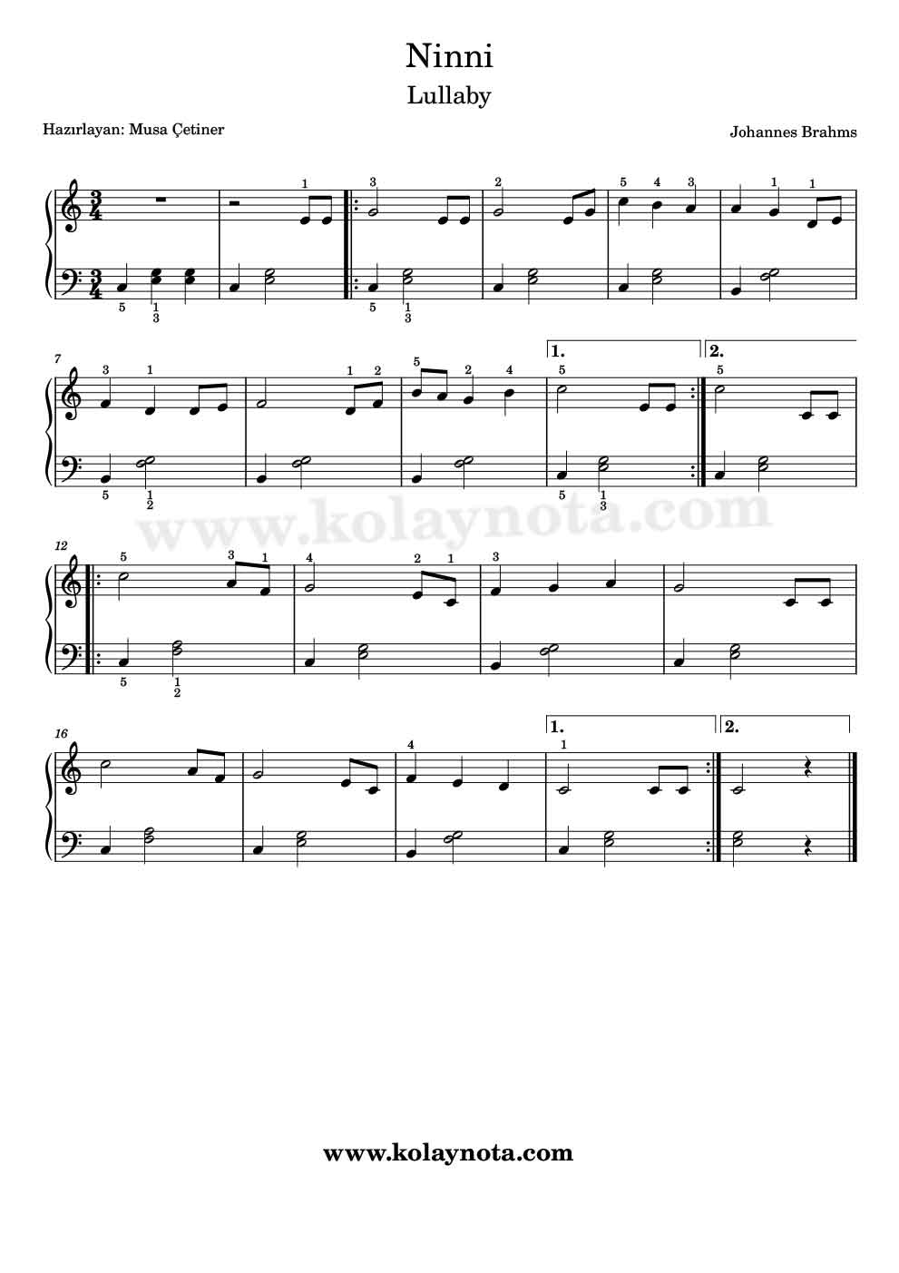 Brahms Ninni - Piyano Notası