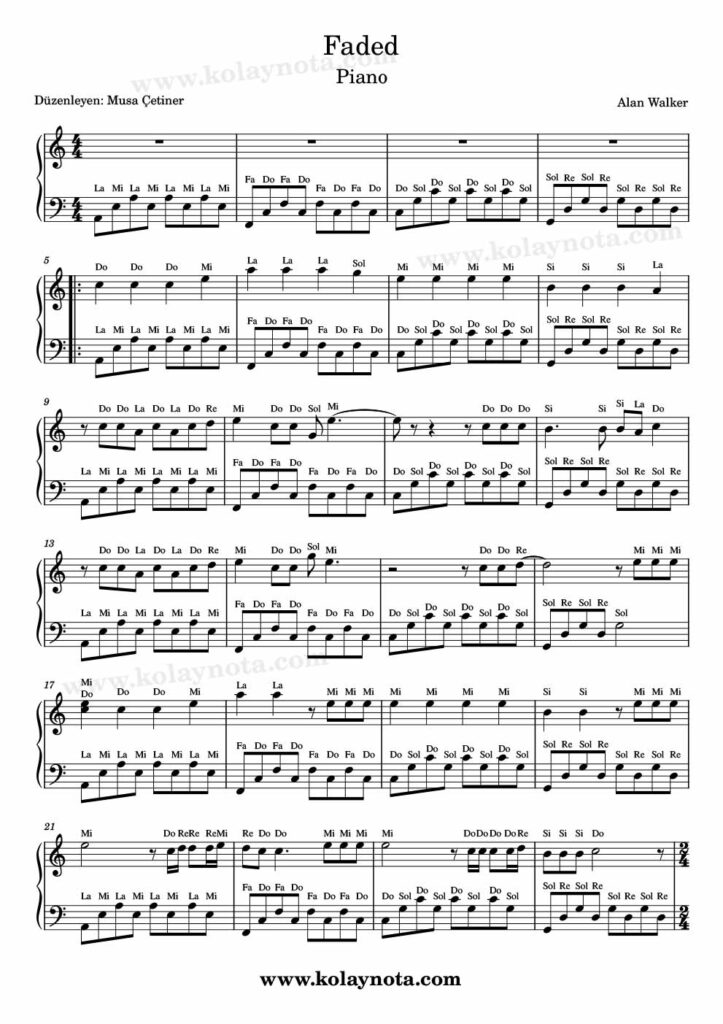 Faded - Piyano Notası