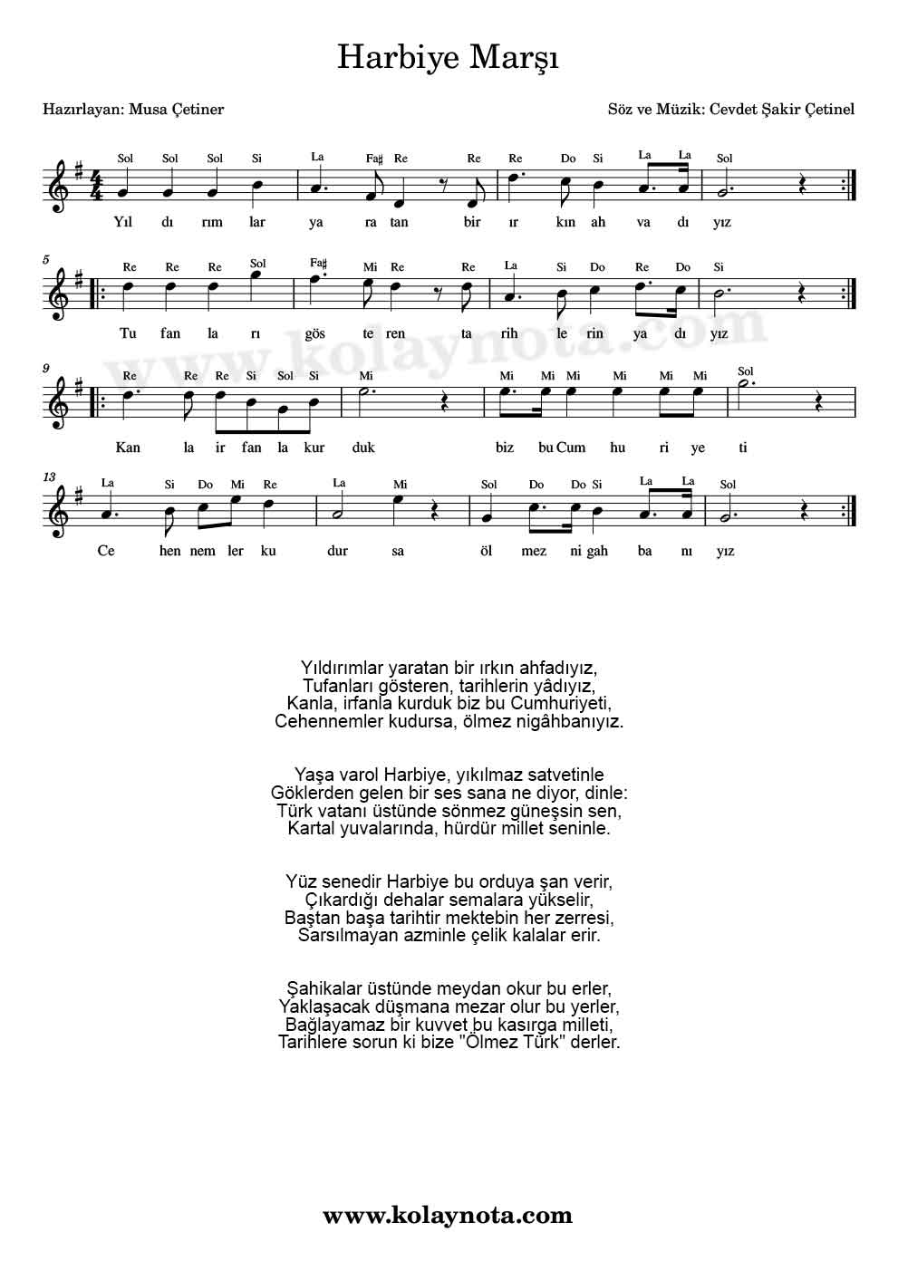 Harbiye Marşı - Kolay Notası