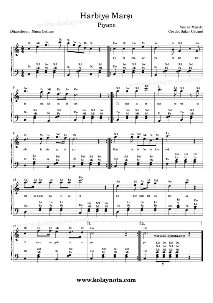 Harbiye Marşı - Piyano Nota