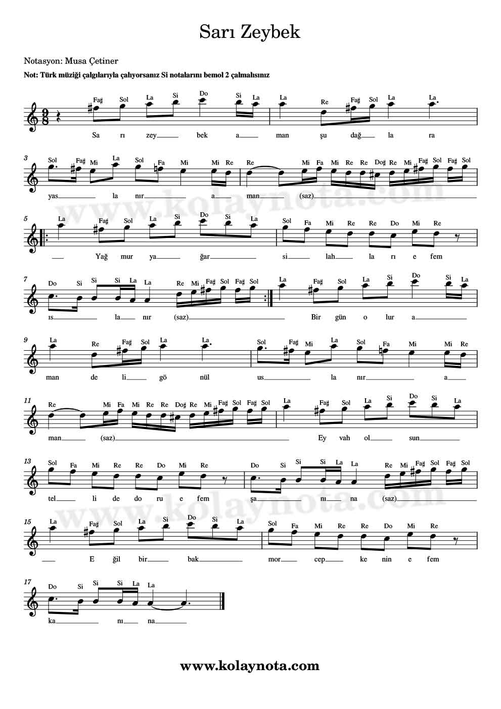 Sarı Zeybek - Kolay Notasyon