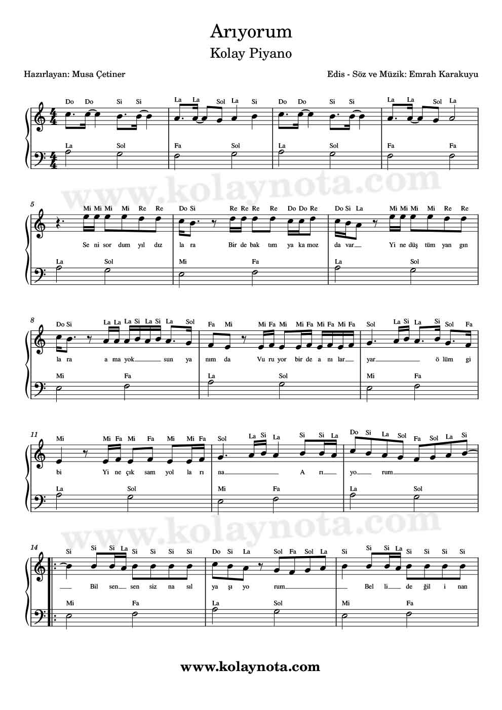 Edis - Arıyorum - Kolay Piyano