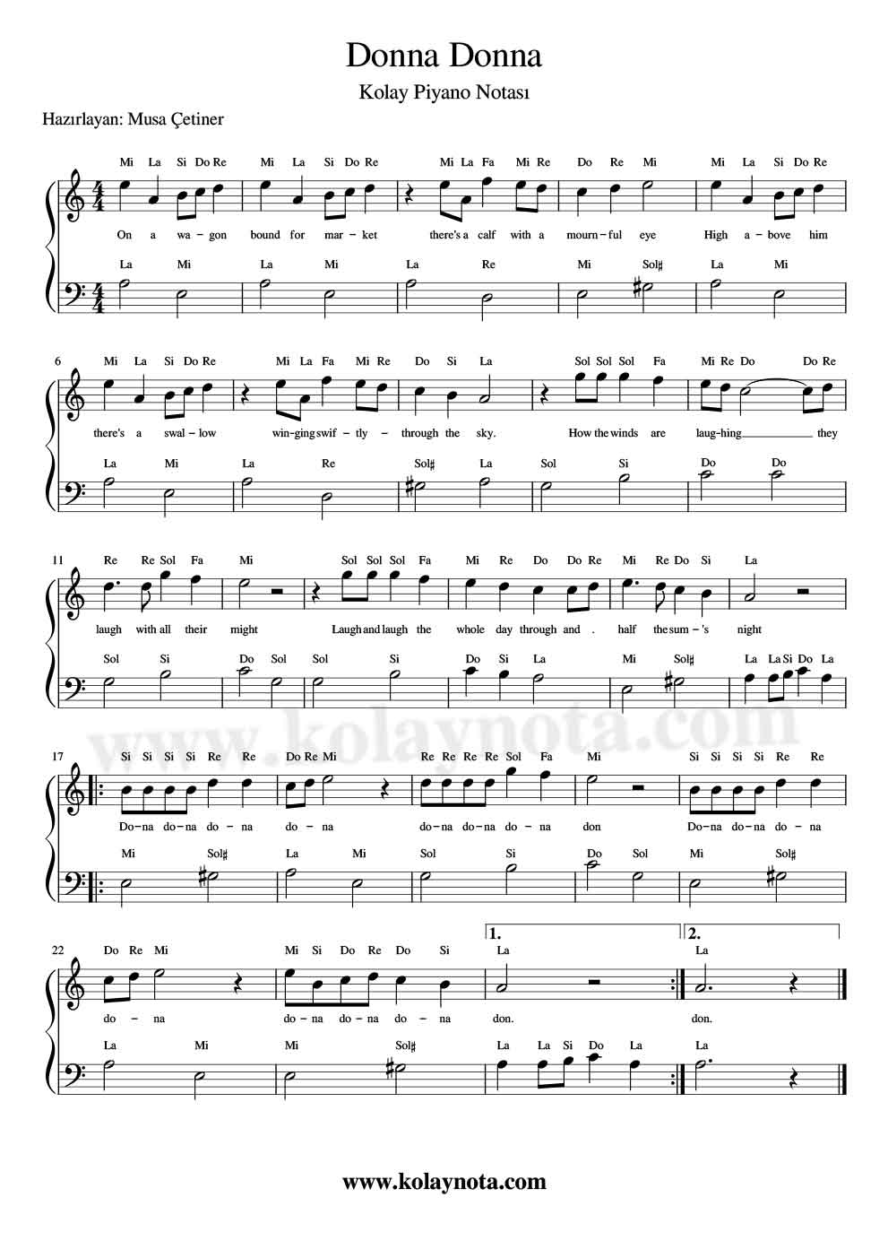 Donna Donna - Kolay Piyano Notası