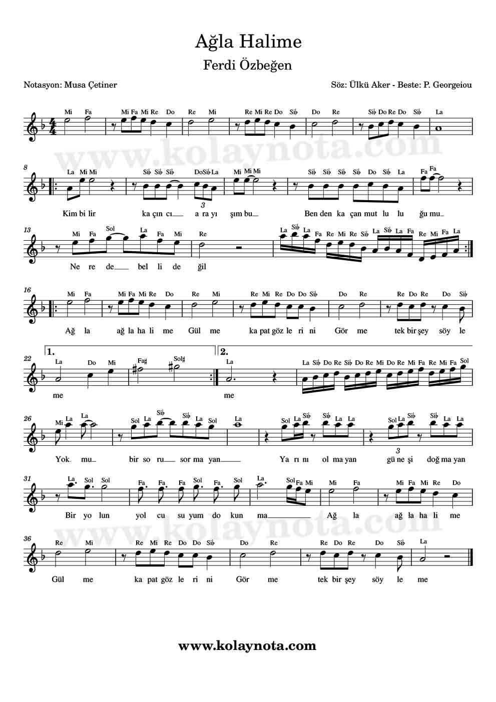 Ağla Halime - Kolay Notası