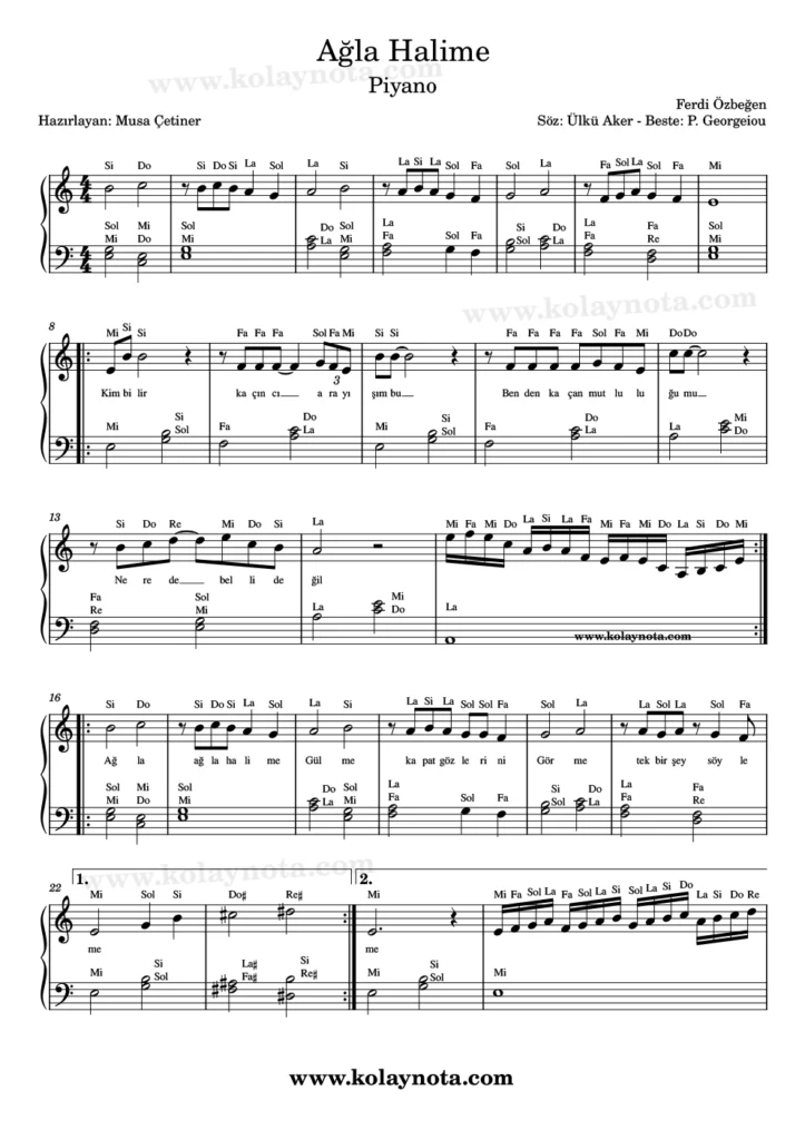 Ağla Halime - Piyano Notası