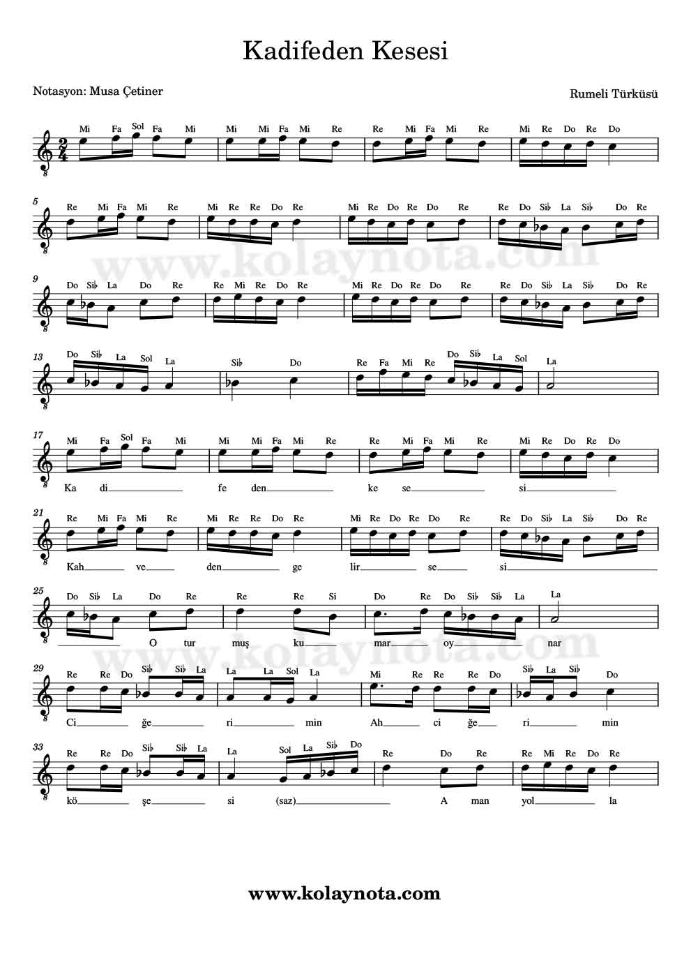 Kadifeden Kesesi - Kolay Notası