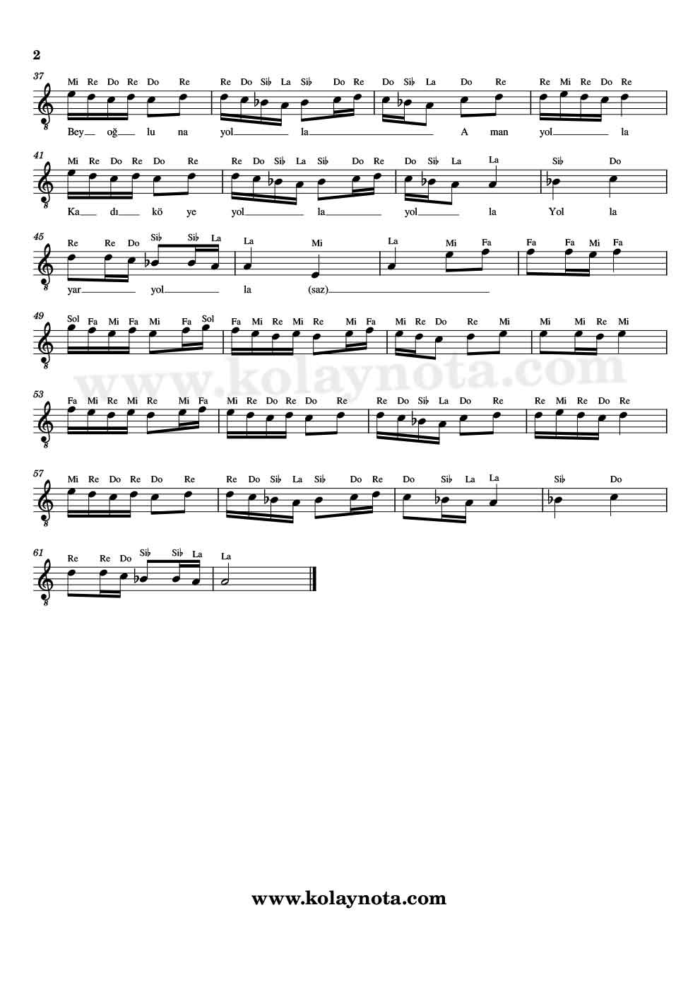 Kadifeden Kesesi - Kolay Notası - 2