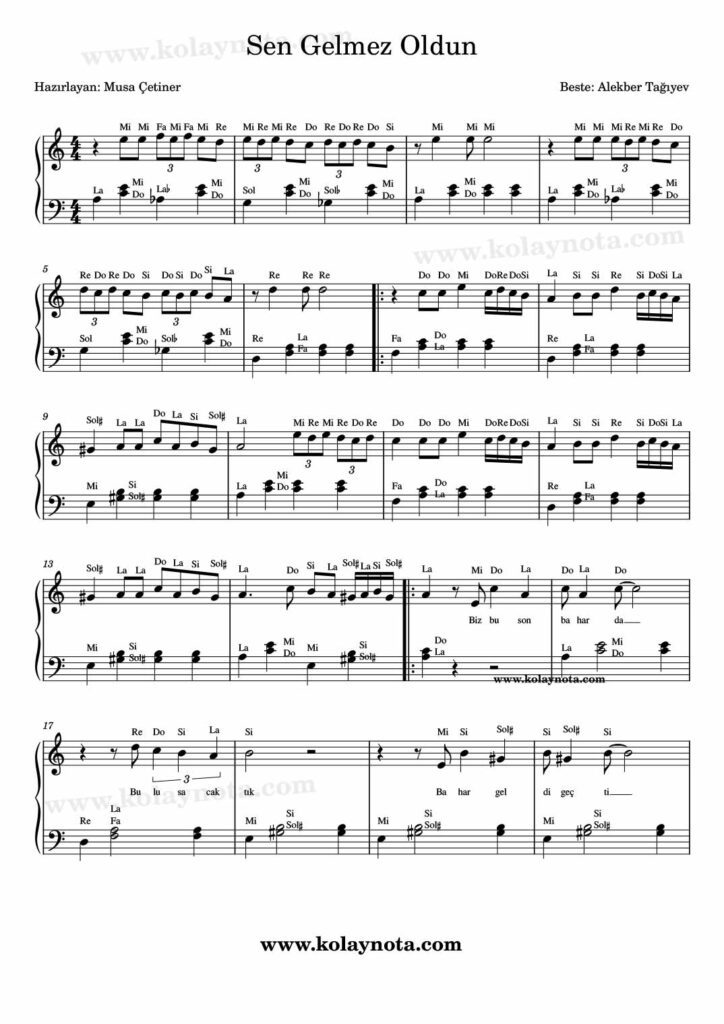 Sen Gelmez Oldun - Piyano Nota