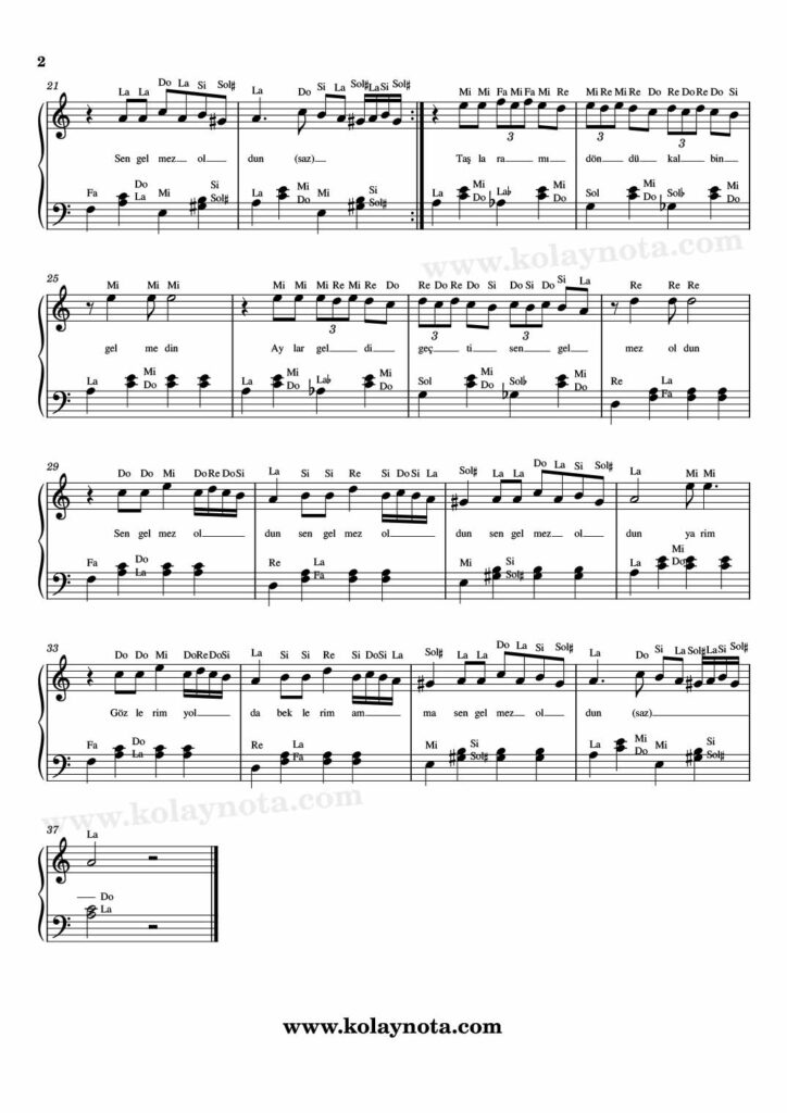 Sen Gelmez Oldun - Piyano Nota - 2