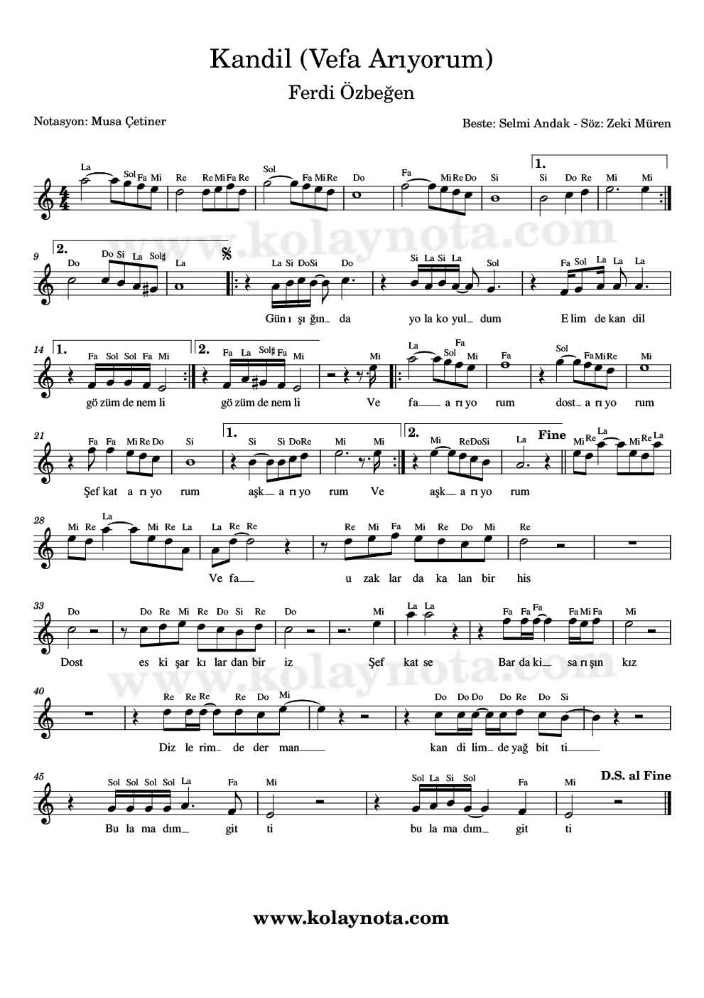 Kandil - Vefa Arıyorum Notaları