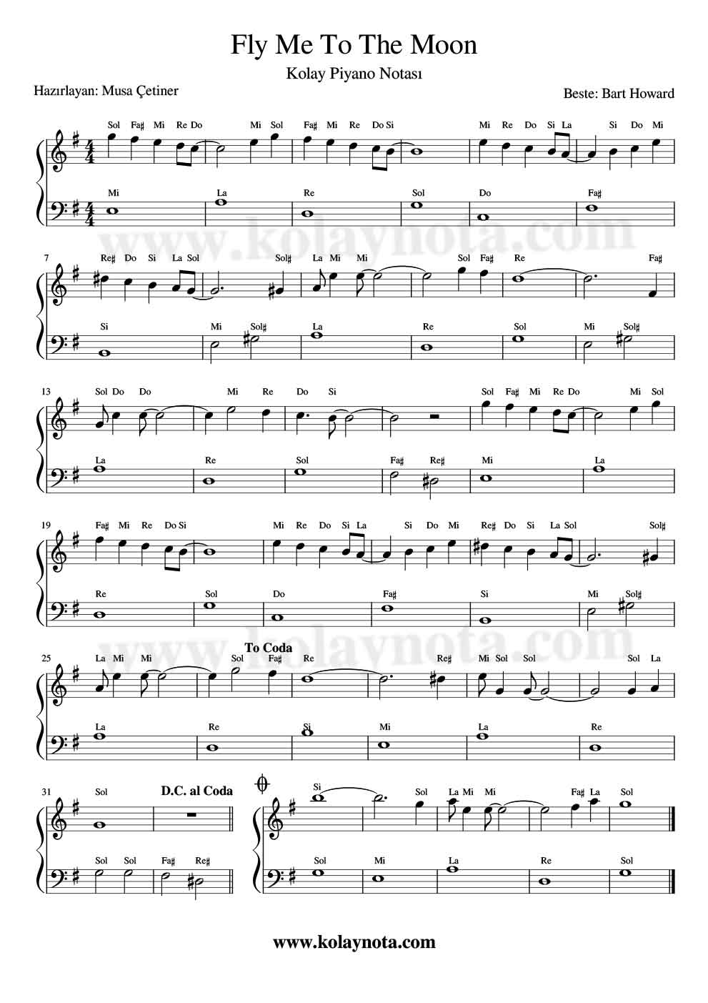 Fly Me To The Moon - Piyano Notası