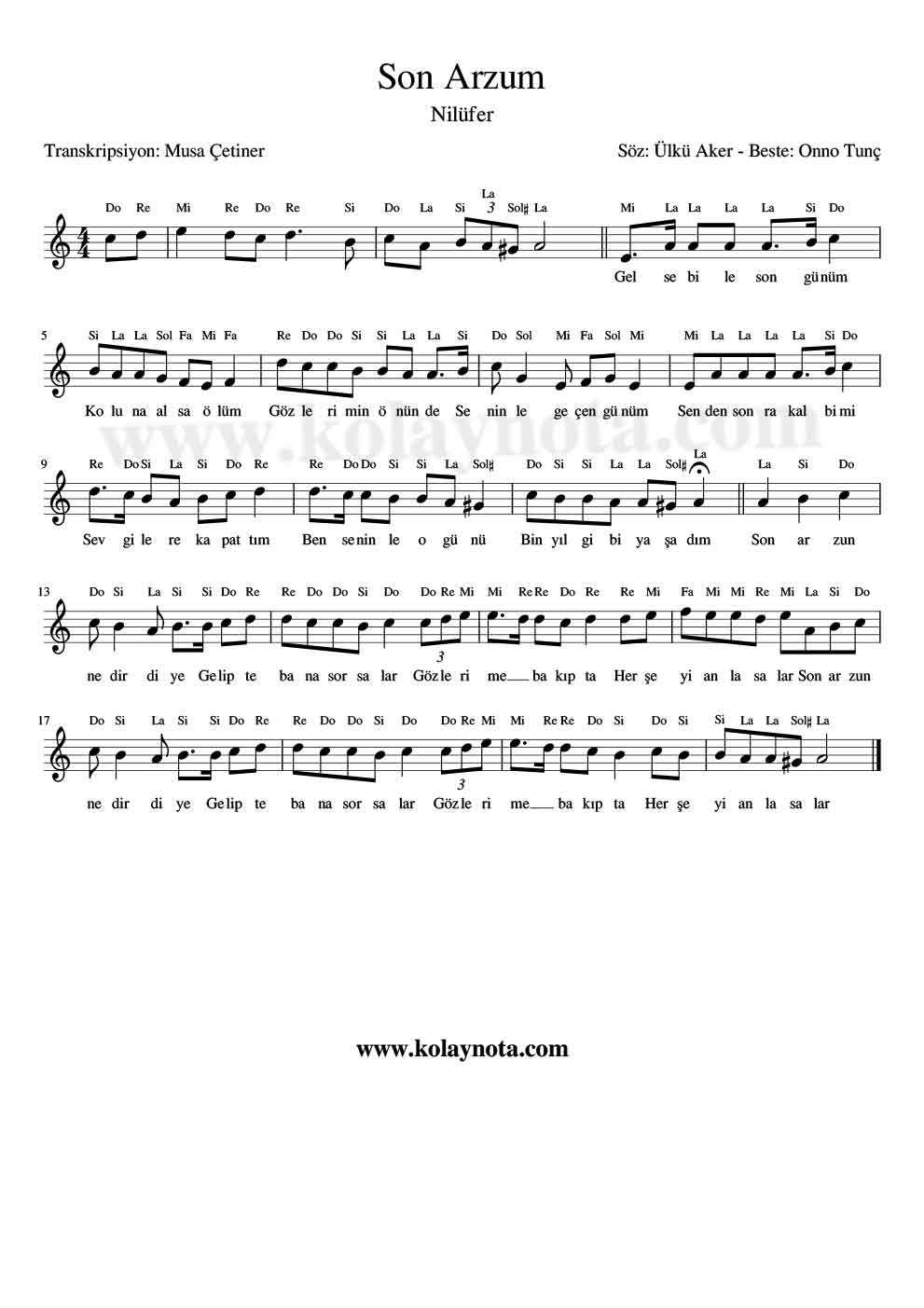 Son Arzum - Kolay Notası