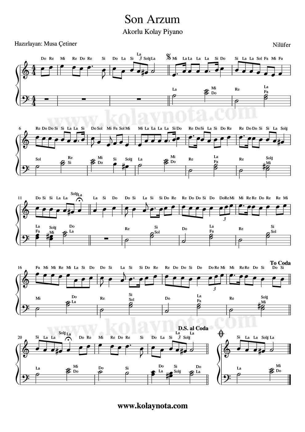 Son Arzum - Piyano Notası