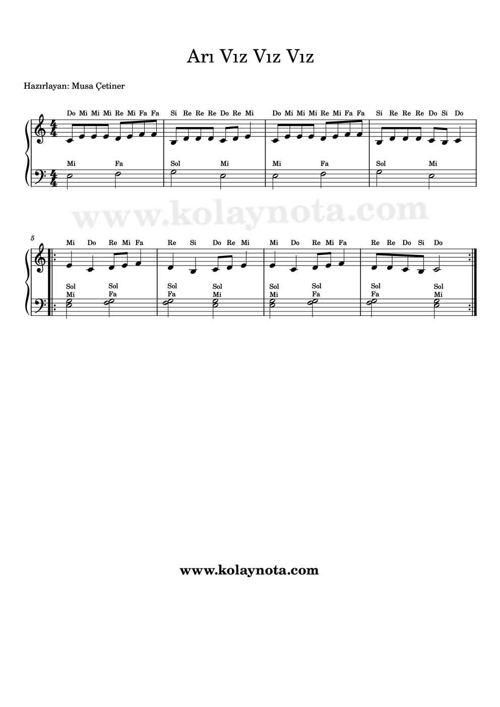 Arı Vız Vız Vız - Kolay Piyano Notası
