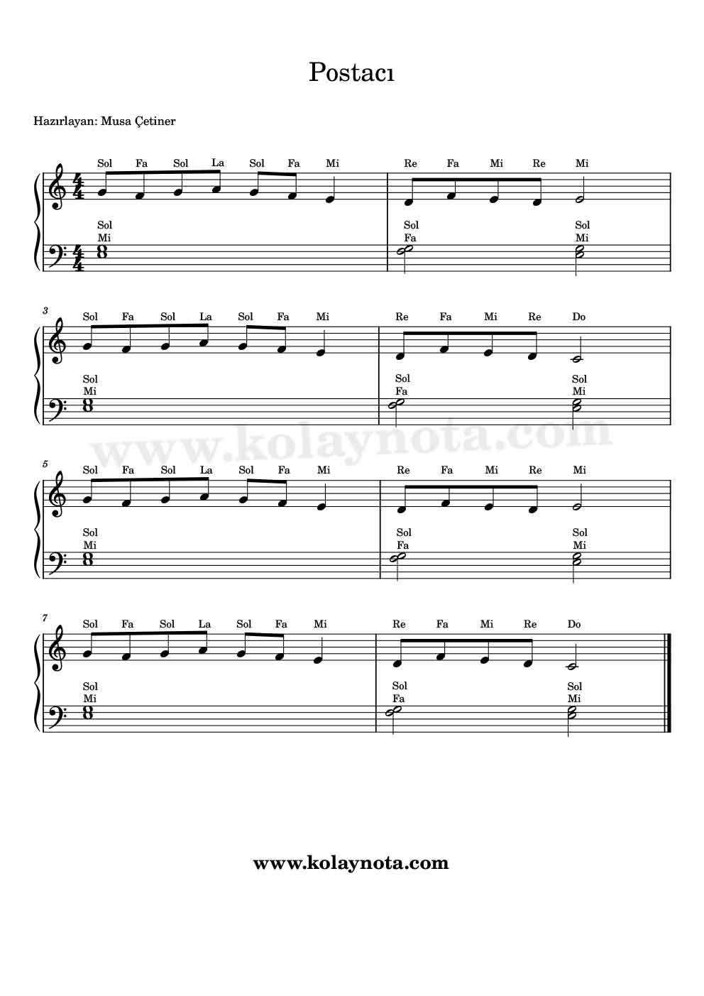 Bak Postacı Geliyor - Kolay Piyano Notası