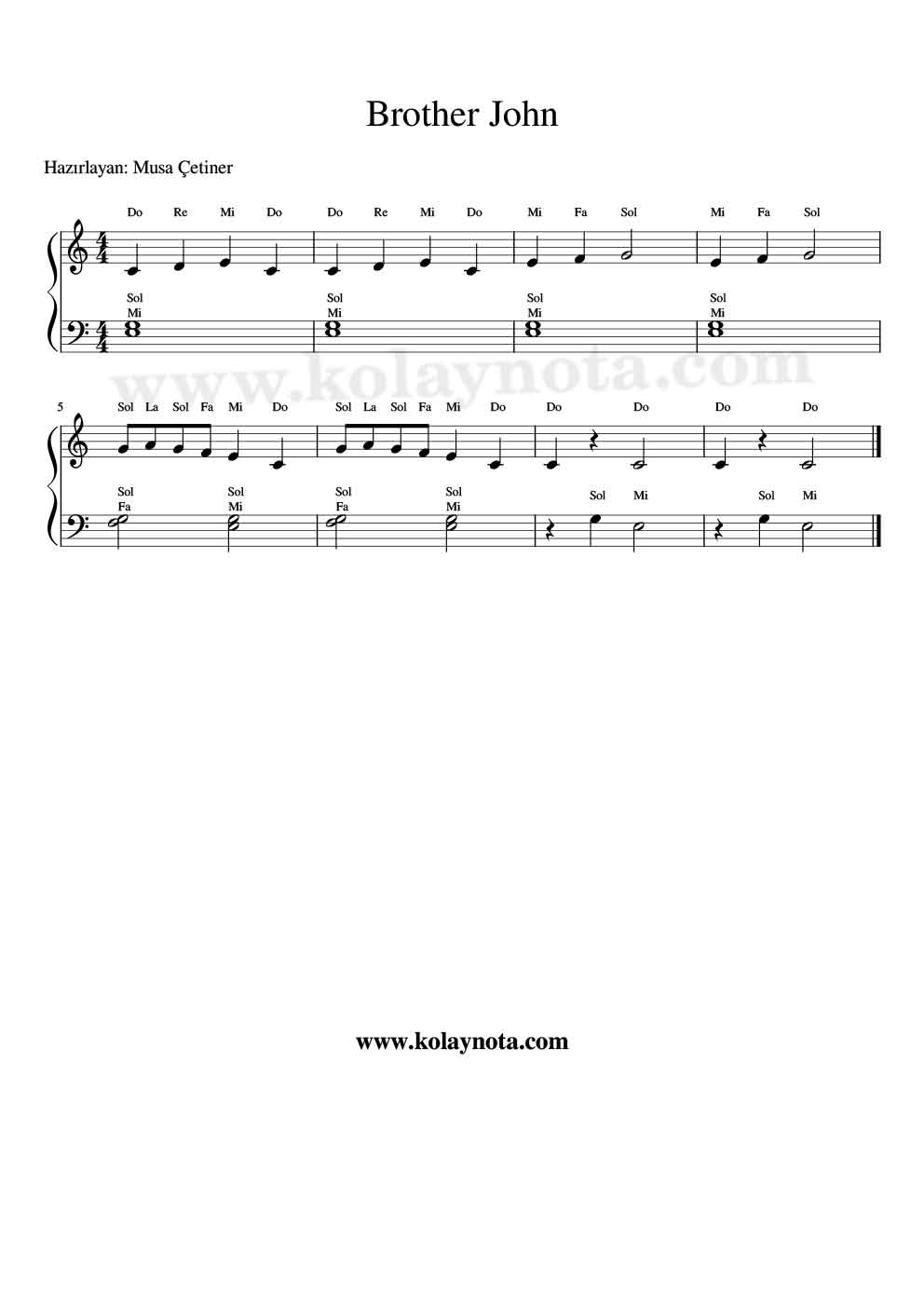 Brother John - Kolay Piyano Notası