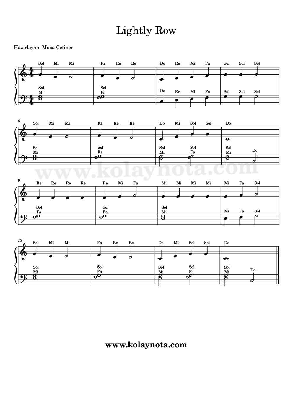 Lightly Row - Kolay Piyano Notası
