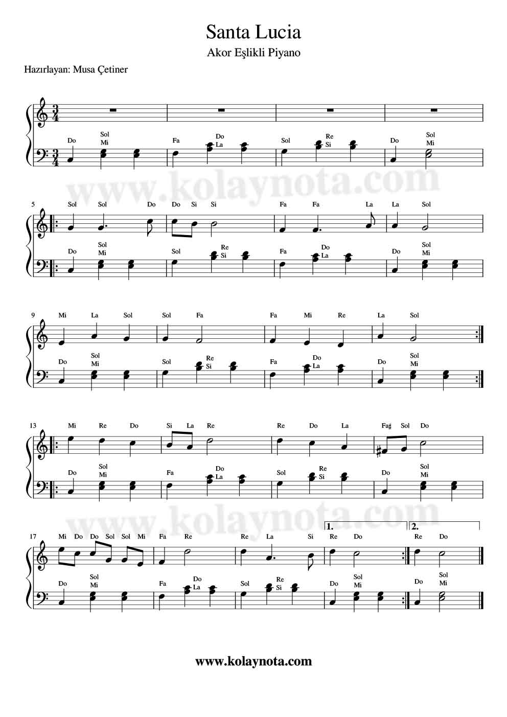 Santa Lucia - Piyano Notası