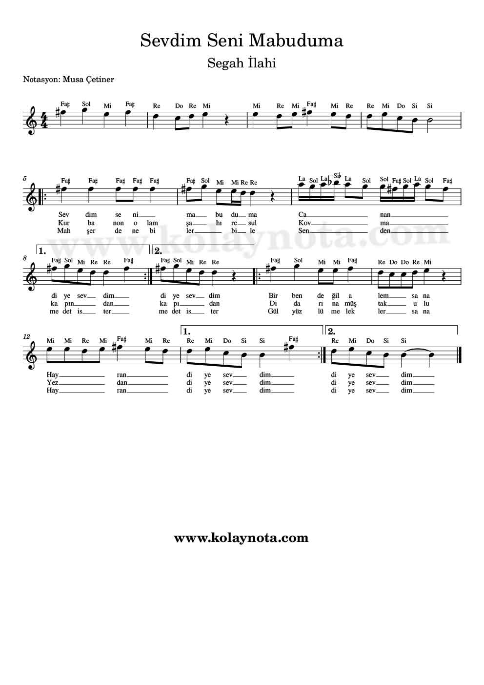 Sevdim Seni Mabuduma - Kolay Notası