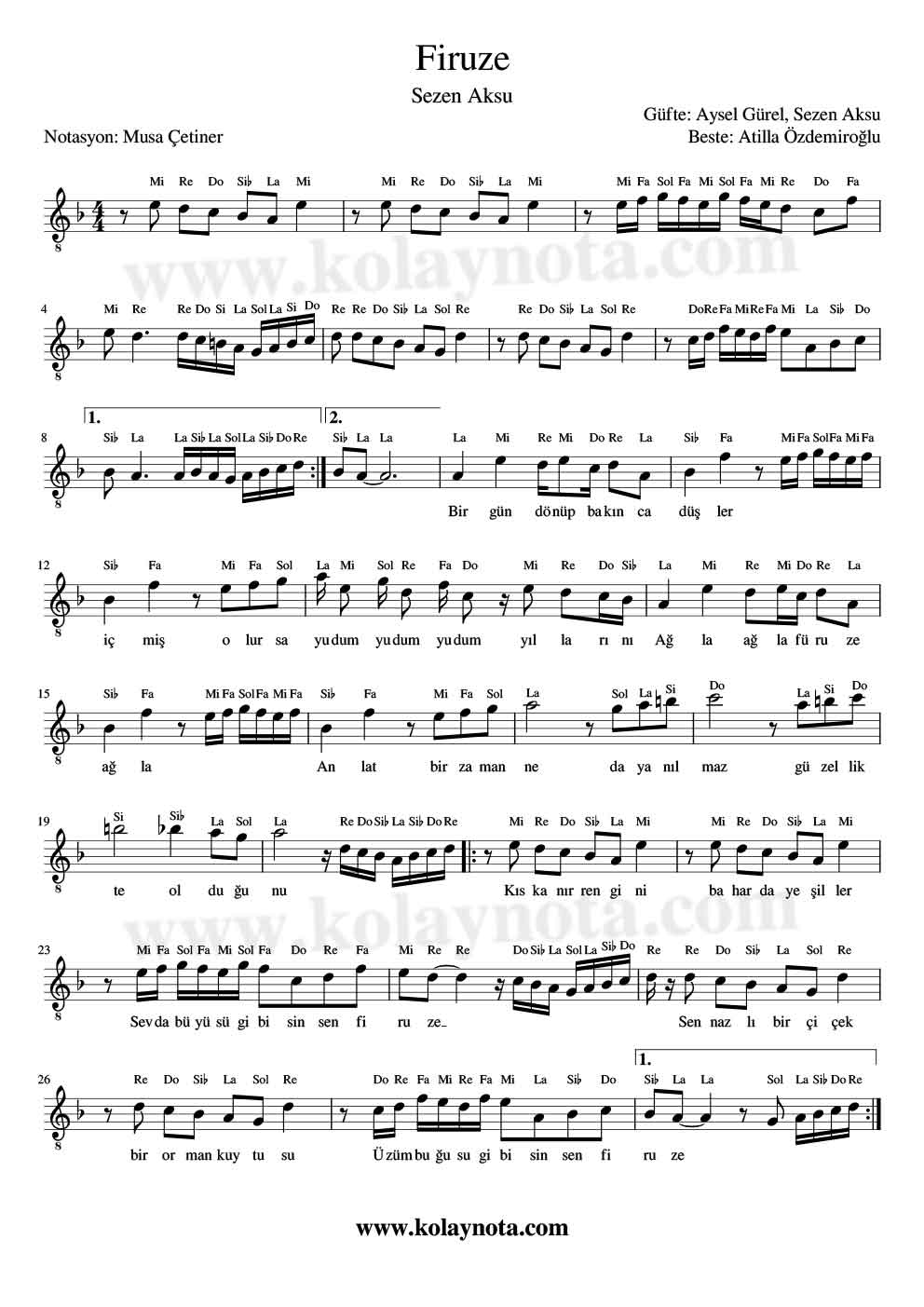 Firuze - Kolay Notası