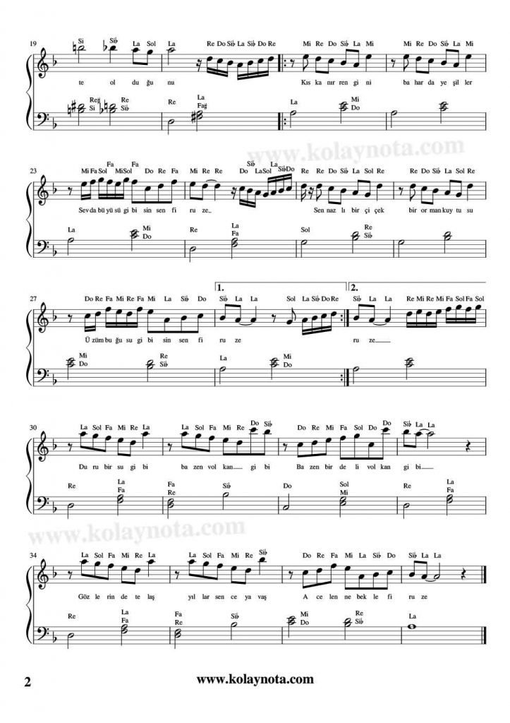 Firuze - Piyano Notası - 2